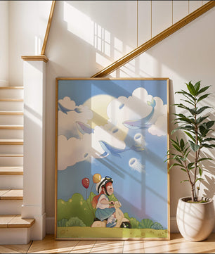 Whimsical illustration of a child riding a scooter with floating whales and balloons