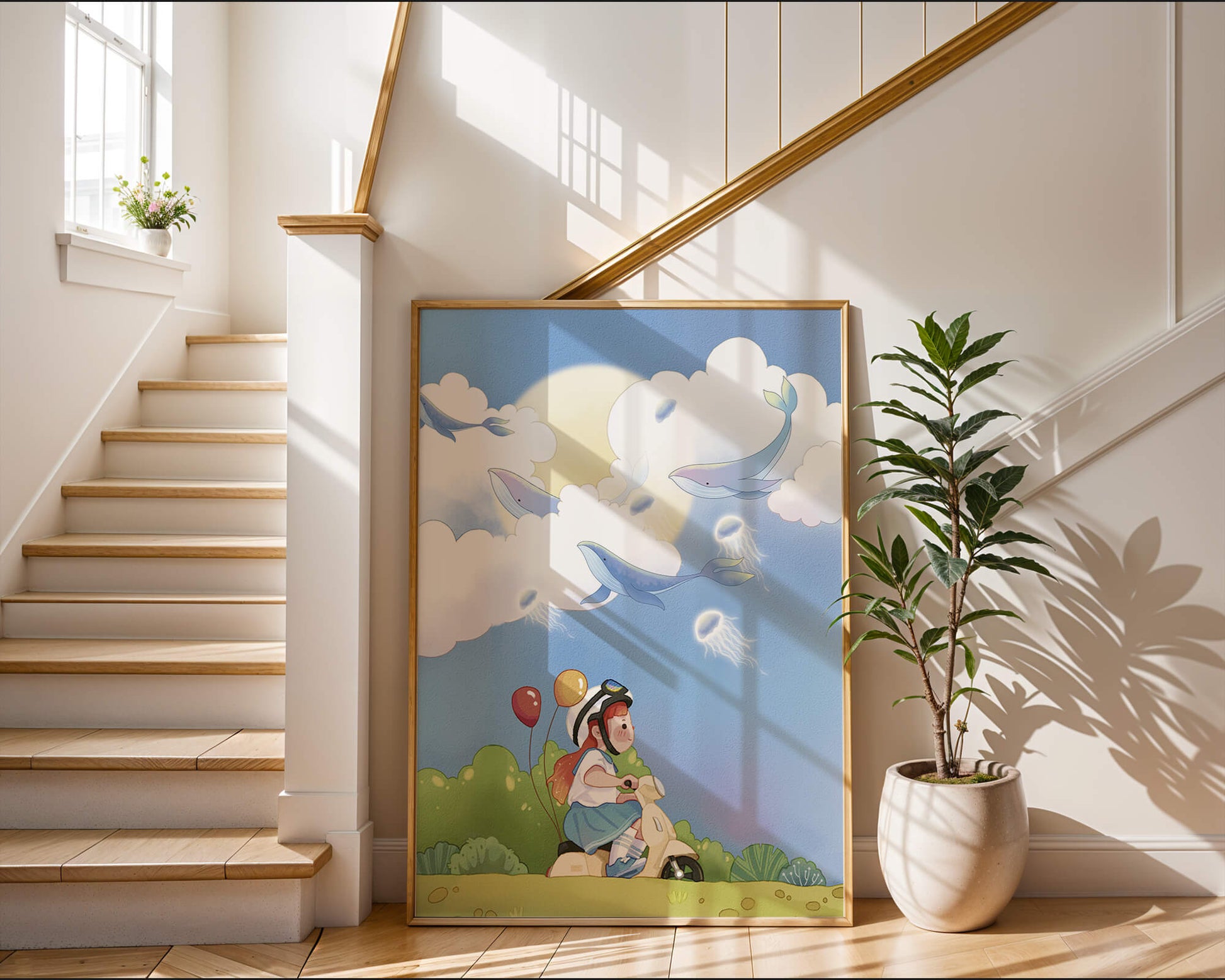 Whimsical illustration of a child riding a scooter with floating whales and balloons