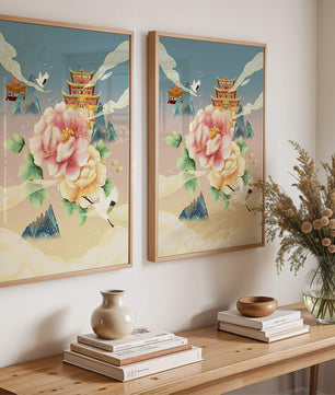 Elegant Asian Landscape With Pagoda, Cranes, and Peonies