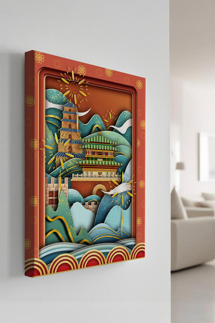 Illustrated Asian landscape with fireworks and traditional architecture