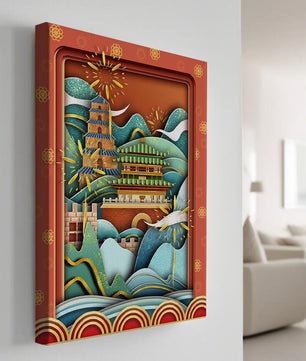 Paysage asiatique illustré avec des feux d'artifice et une architecture traditionnelle