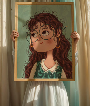 Illustration of a Thoughtful Girl with Glasses and Curly Hair