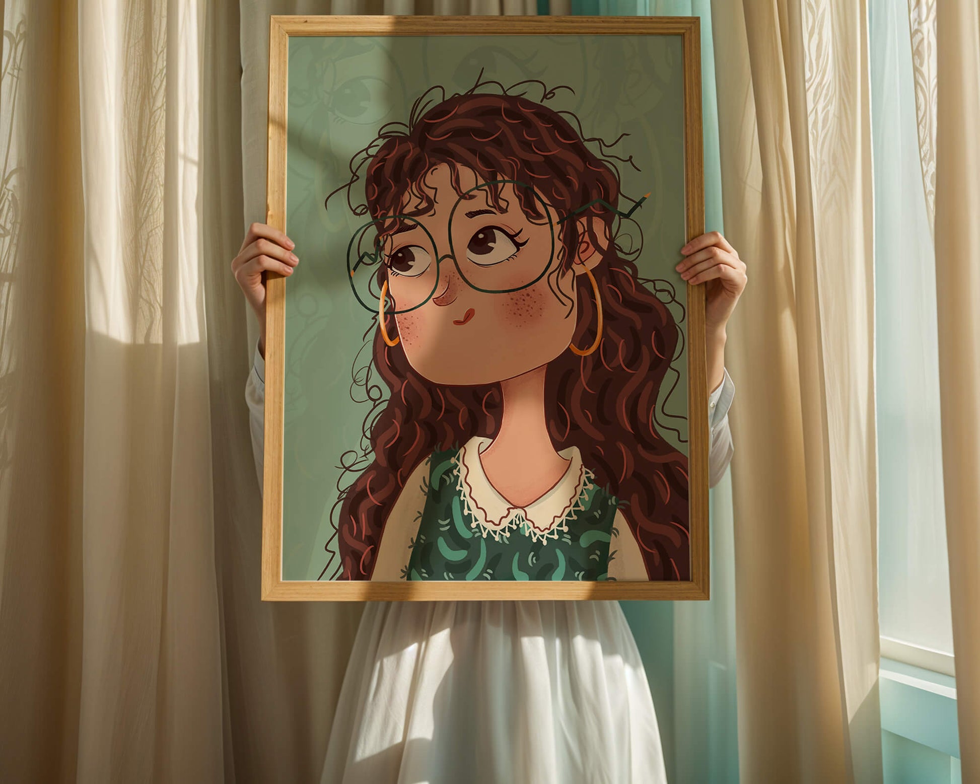 Ilustración de una chica pensativa con gafas y pelo rizado