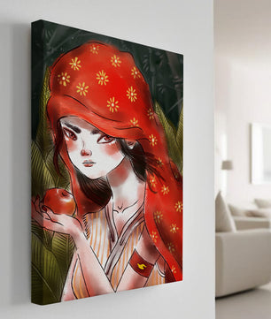 Illustration d'une fille en capuchon rouge tenant une pomme dans une forêt