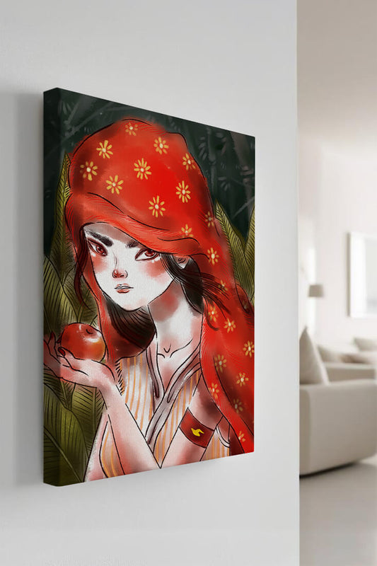 Illustration of a girl in a red hood holding an apple in a forest