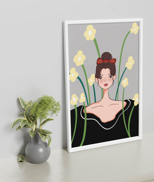 Ilustración de una mujer con fondo floral y lazo rojo