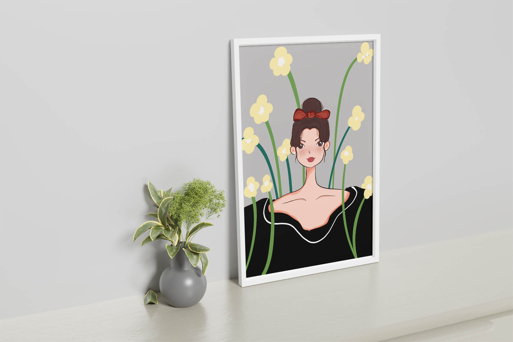 Illustration of a woman with floral background and red bow