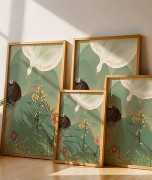 Dreamy nature-inspired illustration with bird and plant elements