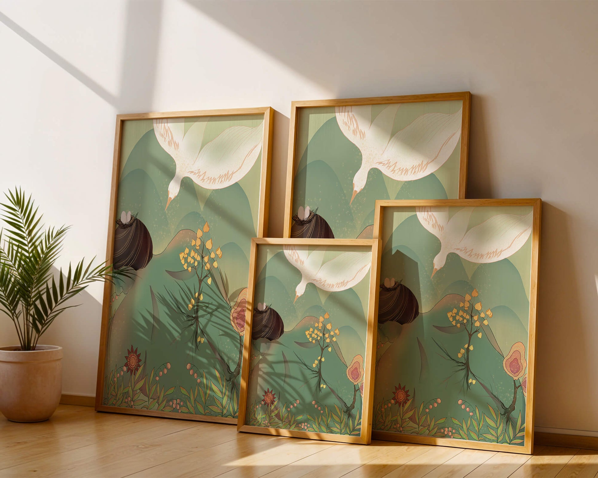Dreamy nature-inspired illustration with bird and plant elements