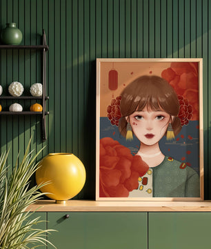 Digital art of a girl with floral and lantern elements