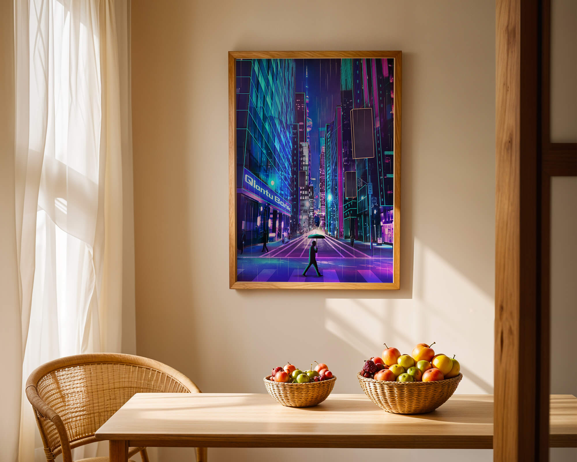 Futuristic urban street scene with neon lights and rainy atmosphere