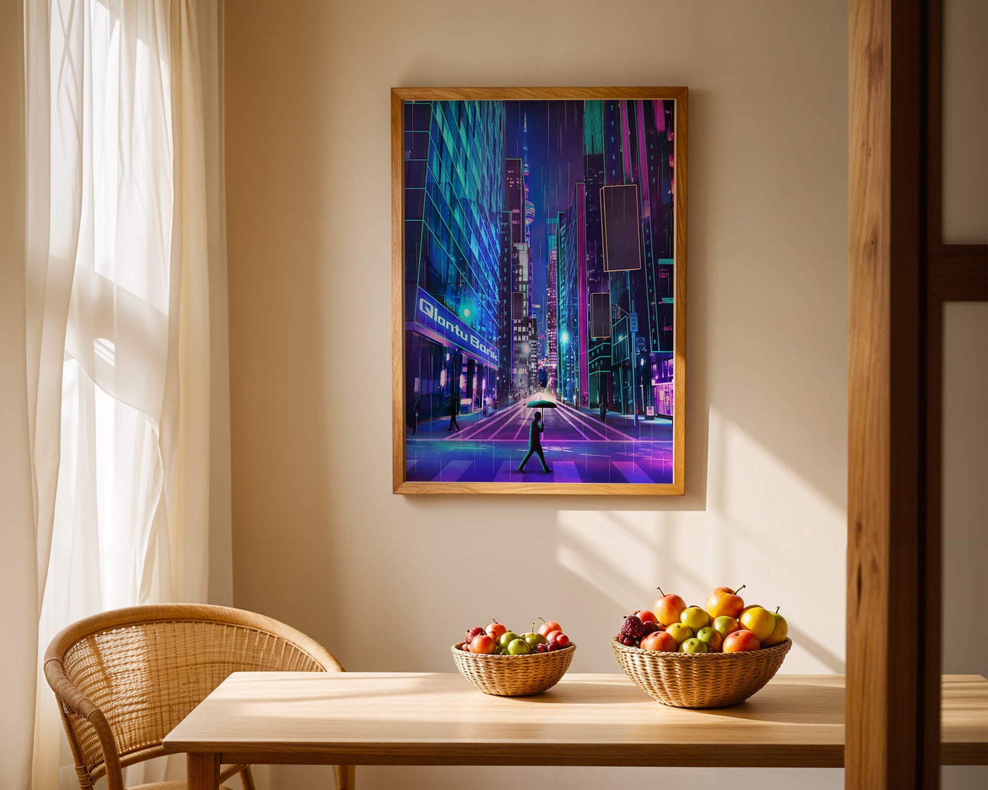 Futuristic urban street scene with neon lights and rainy atmosphere