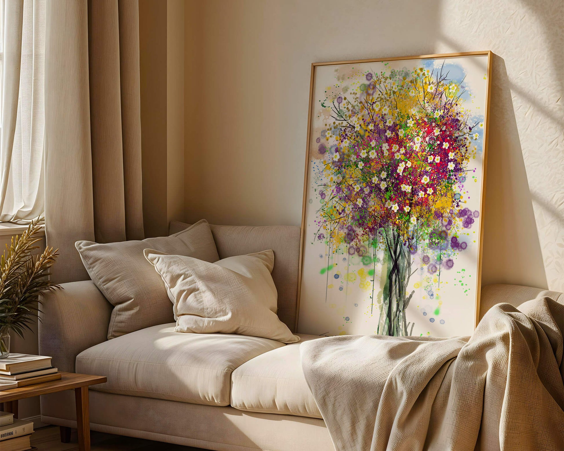 Abstract expressionist floral tree with vibrant colors