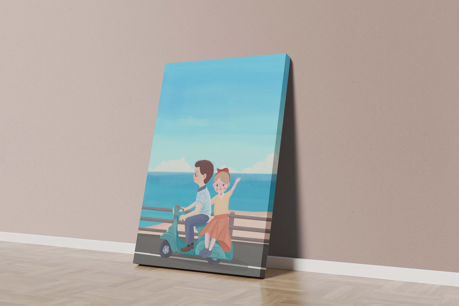 Young couple enjoying a scenic scooter ride by the seaside