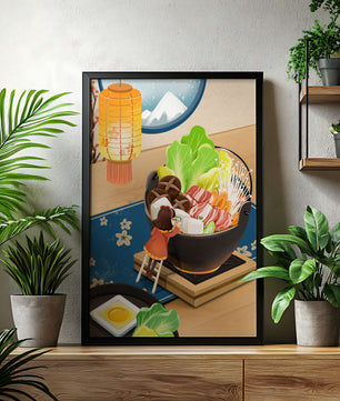 Illustration eines gemütlichen Winteressens mit Hot Pot und Zutaten