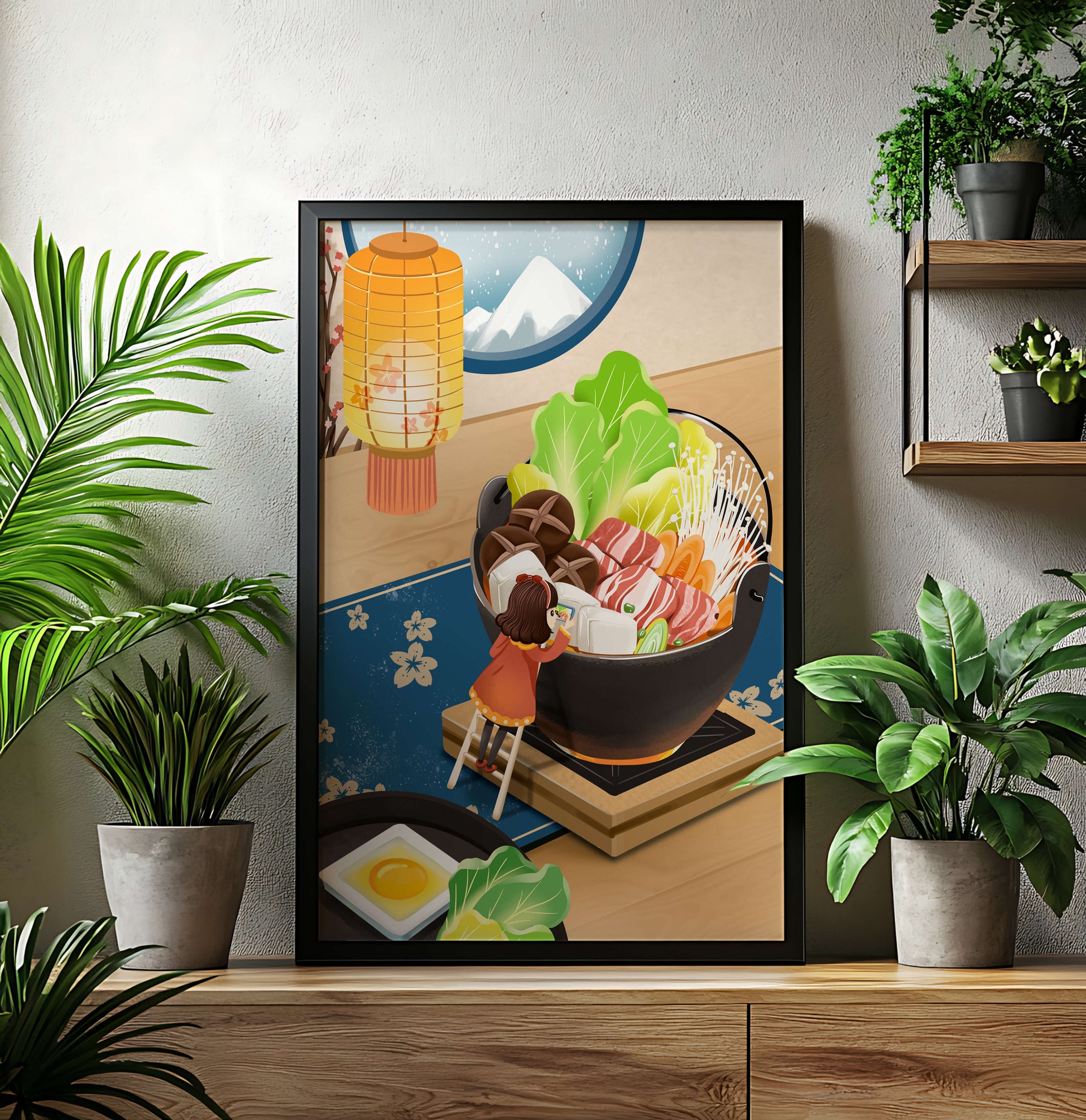 Illustration eines gemütlichen Winteressens mit Hot Pot und Zutaten