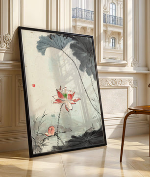 Aquarell Lotusblüte mit Seerosenblättern in ruhiger Szene