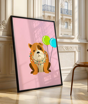 Perro de dibujos animados adorable con luces festivas y globos coloridos sobre fondo rosa