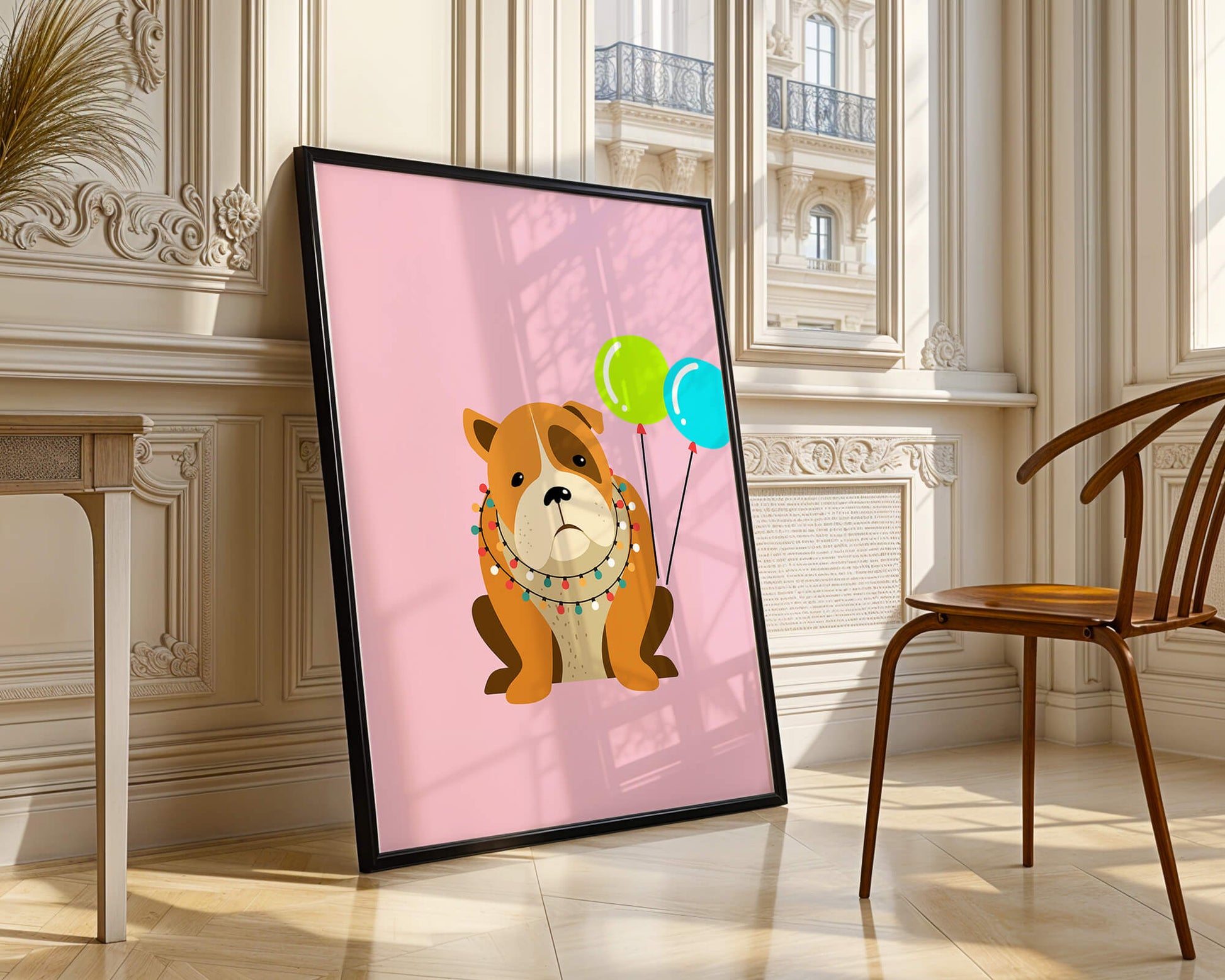 Perro de dibujos animados adorable con luces festivas y globos coloridos sobre fondo rosa