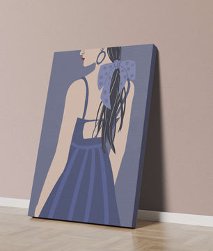 Stilvolle Illustration einer Frau mit gepunkteter Schleife und blauem Kleid