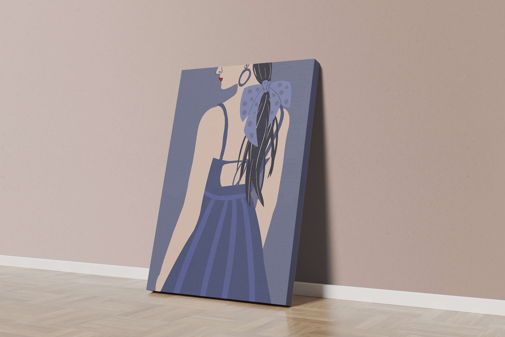 Stilvolle Illustration einer Frau mit gepunkteter Schleife und blauem Kleid