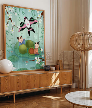 Children Playing on Lotus Leaves with Kite and Cherry Blossoms