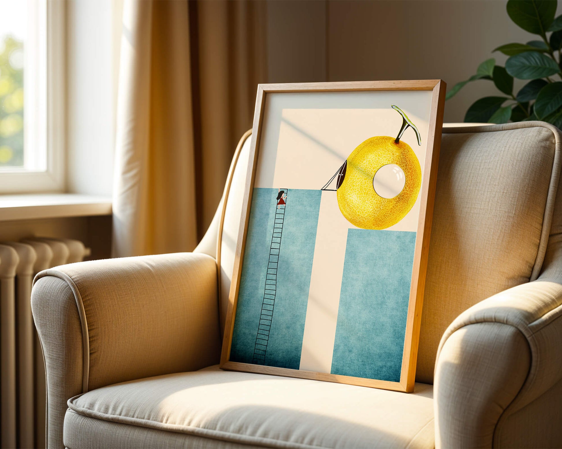 Woman Climbing Ladder towards Giant Yellow Fruit
