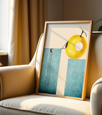 Woman Climbing Ladder towards Giant Yellow Fruit
