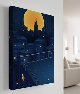 Stadtdach bei Nacht mit beleuchteten Fenstern und Vollmond