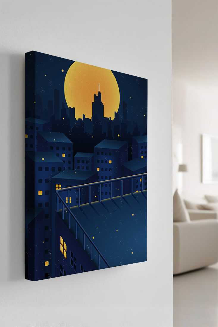 City Rooftop at Night with Illuminated Windows and Full Moon