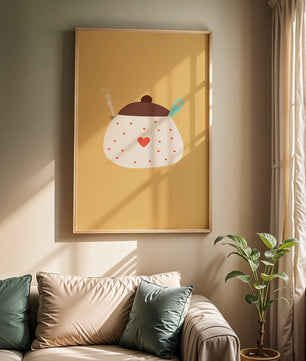 Ilustración de una olla decorada con corazones y vapor sobre fondo amarillo
