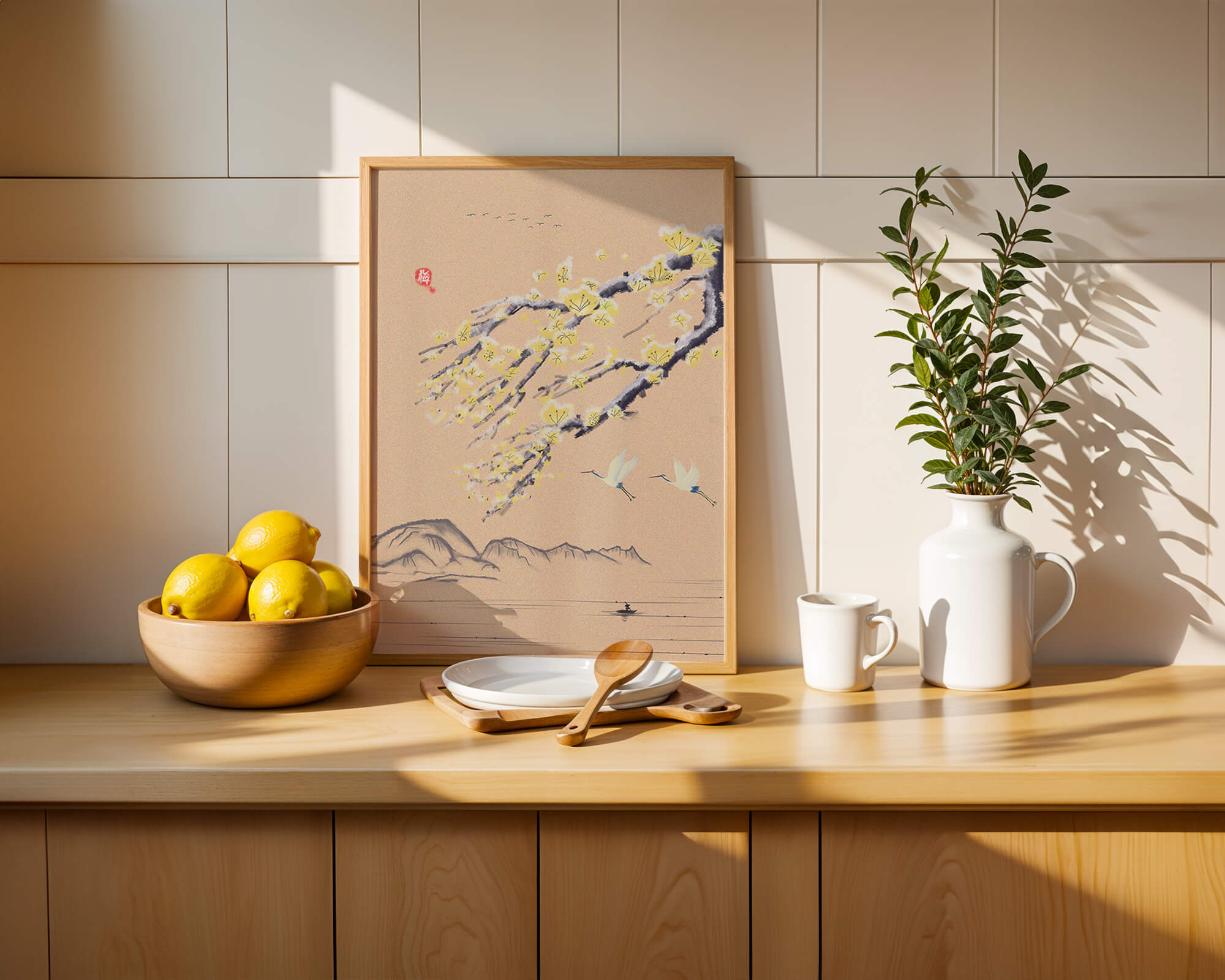 Tranquil landscape with blooming branches and flying cranes