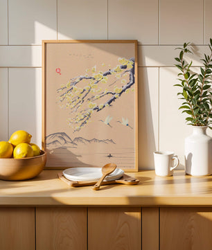 Tranquil landscape with blooming branches and flying cranes