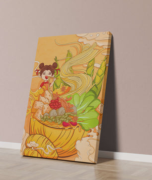 Ilustración colorida de un niño disfrutando de un tazón de fideos con verduras