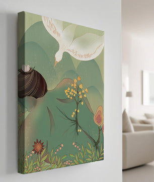 Dreamy nature-inspired illustration with bird and plant elements