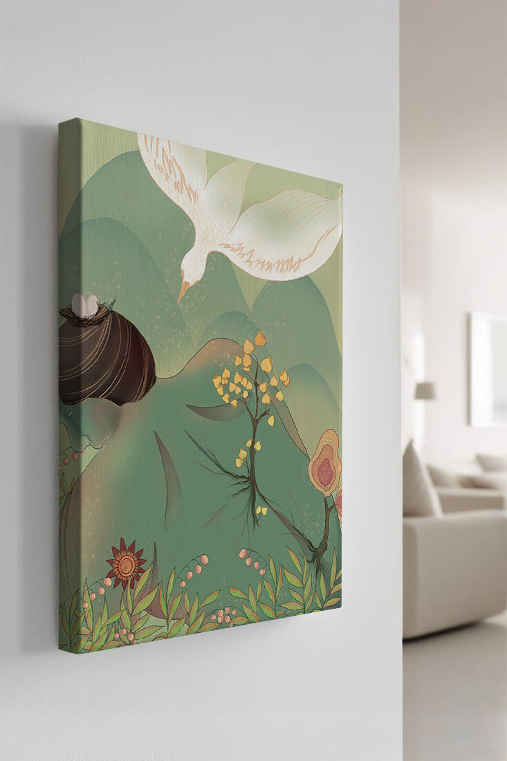 Dreamy nature-inspired illustration with bird and plant elements