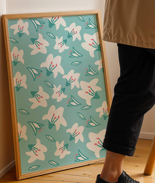 Motif floral avec des lys blancs sur un fond turquoise