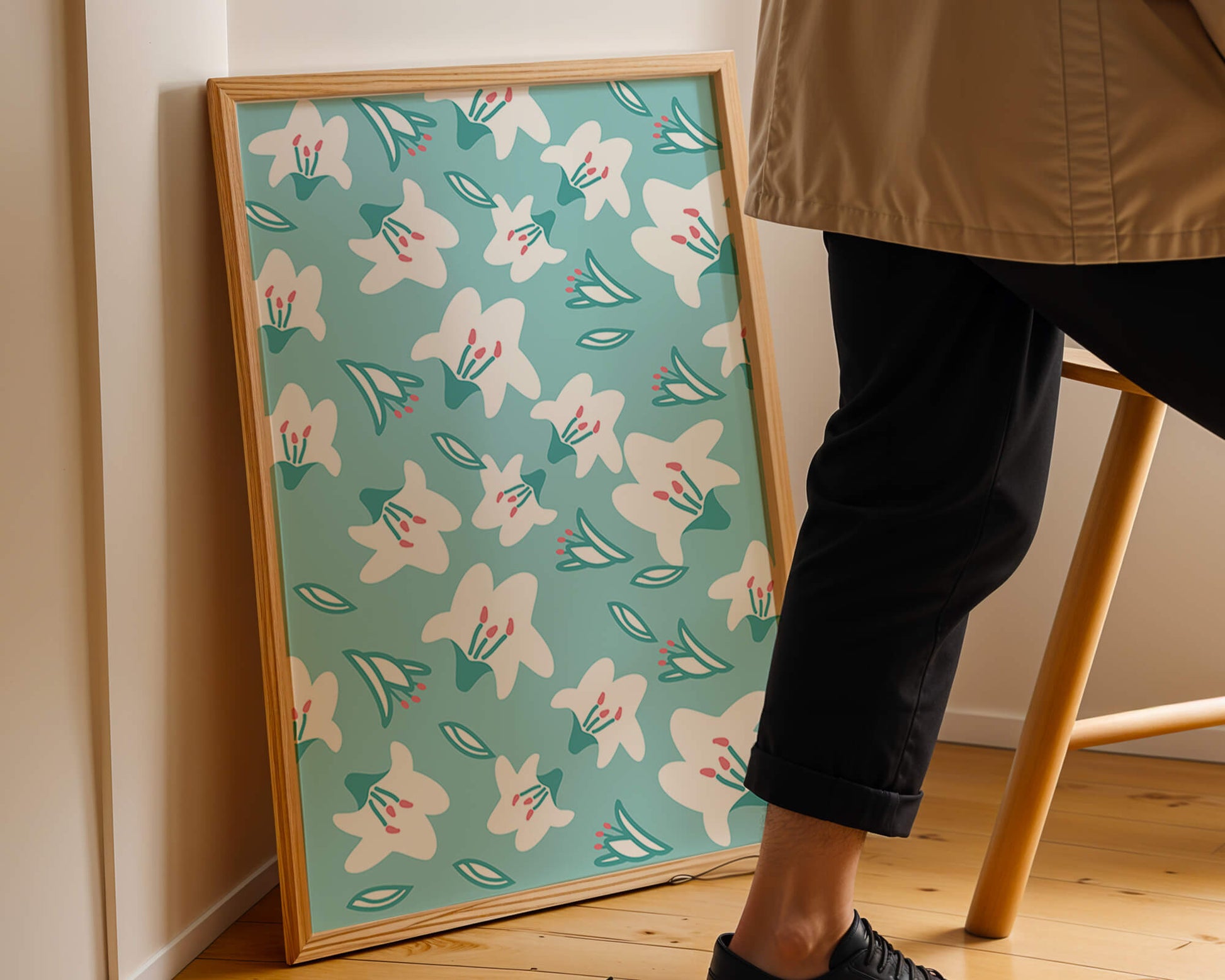 Floral pattern with white lilies on a turquoise background