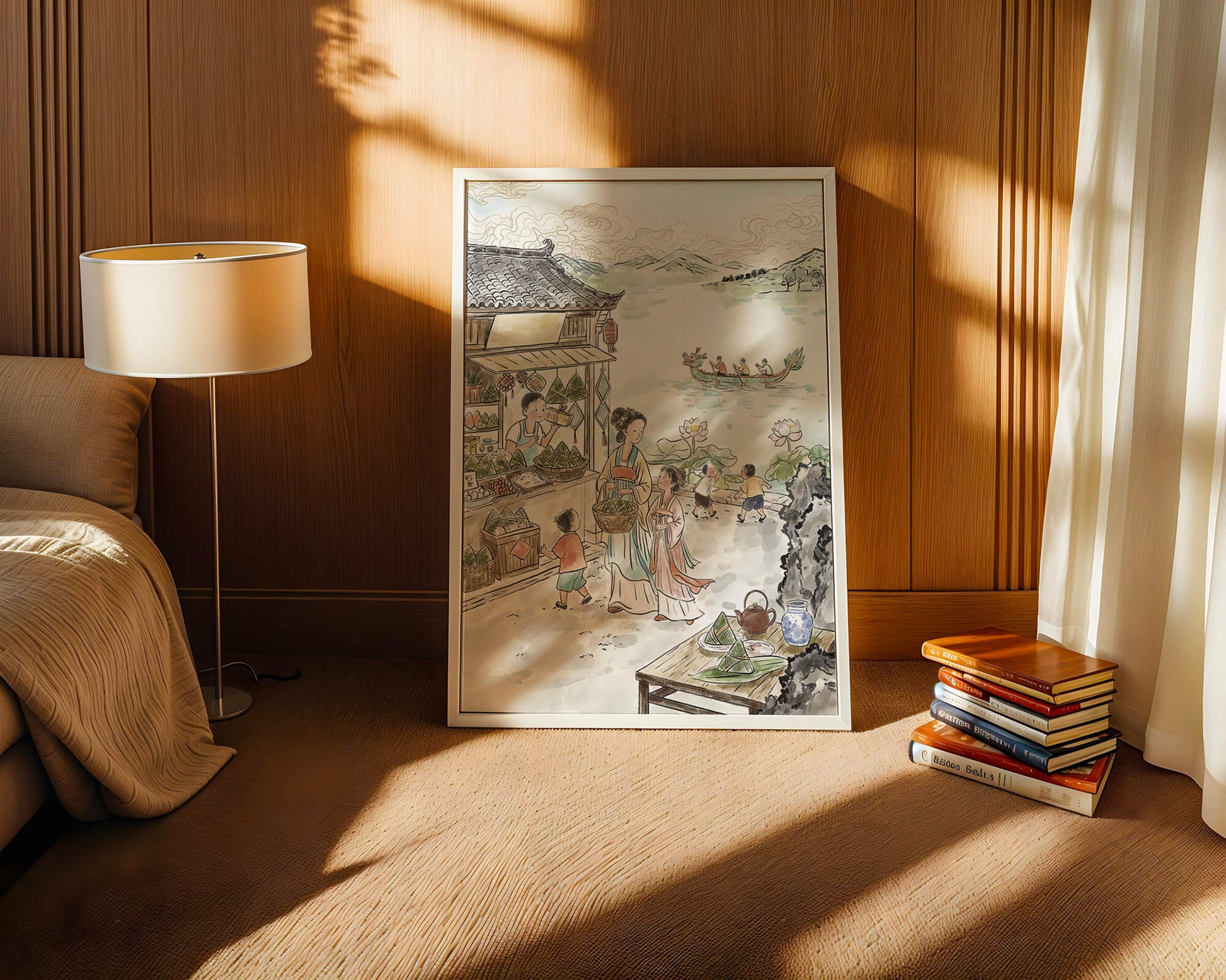 Escena tradicional del mercado chino con carreras de botes dragón