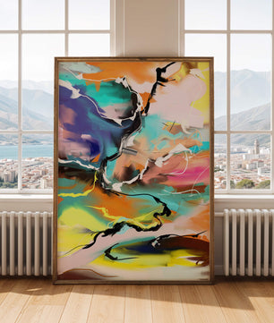 Pintura abstracta colorida con líneas vibrantes y dinámicas