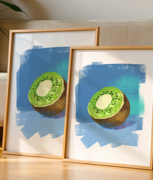 Illustration of a kiwi with a textured blue background