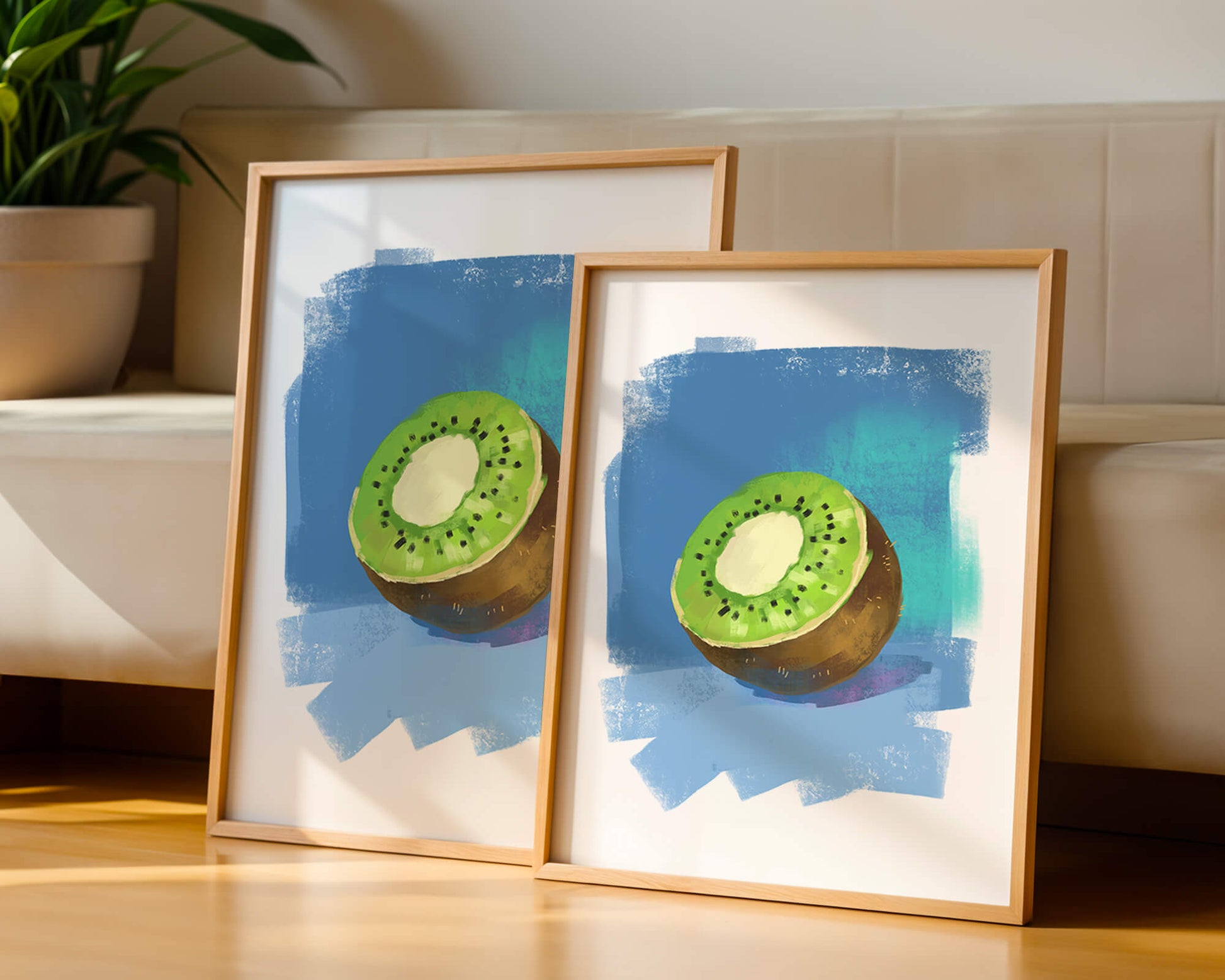 Illustration of a kiwi with a textured blue background