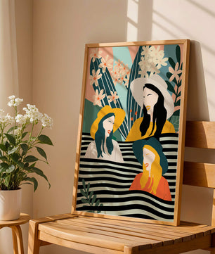 Illustration abstraite colorée de trois femmes avec des éléments floraux et botaniques