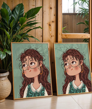 Illustration of a Thoughtful Girl with Glasses and Curly Hair