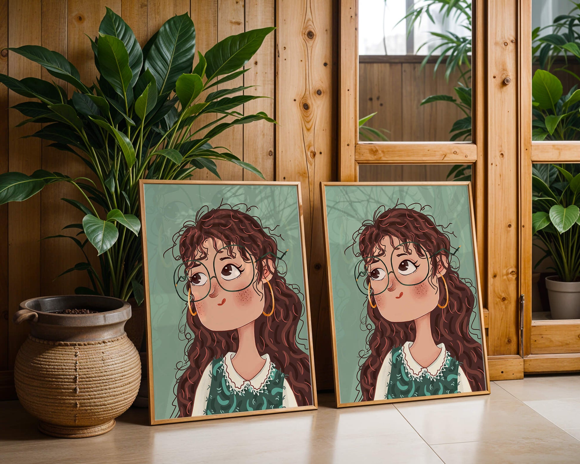 Ilustración de una chica pensativa con gafas y pelo rizado