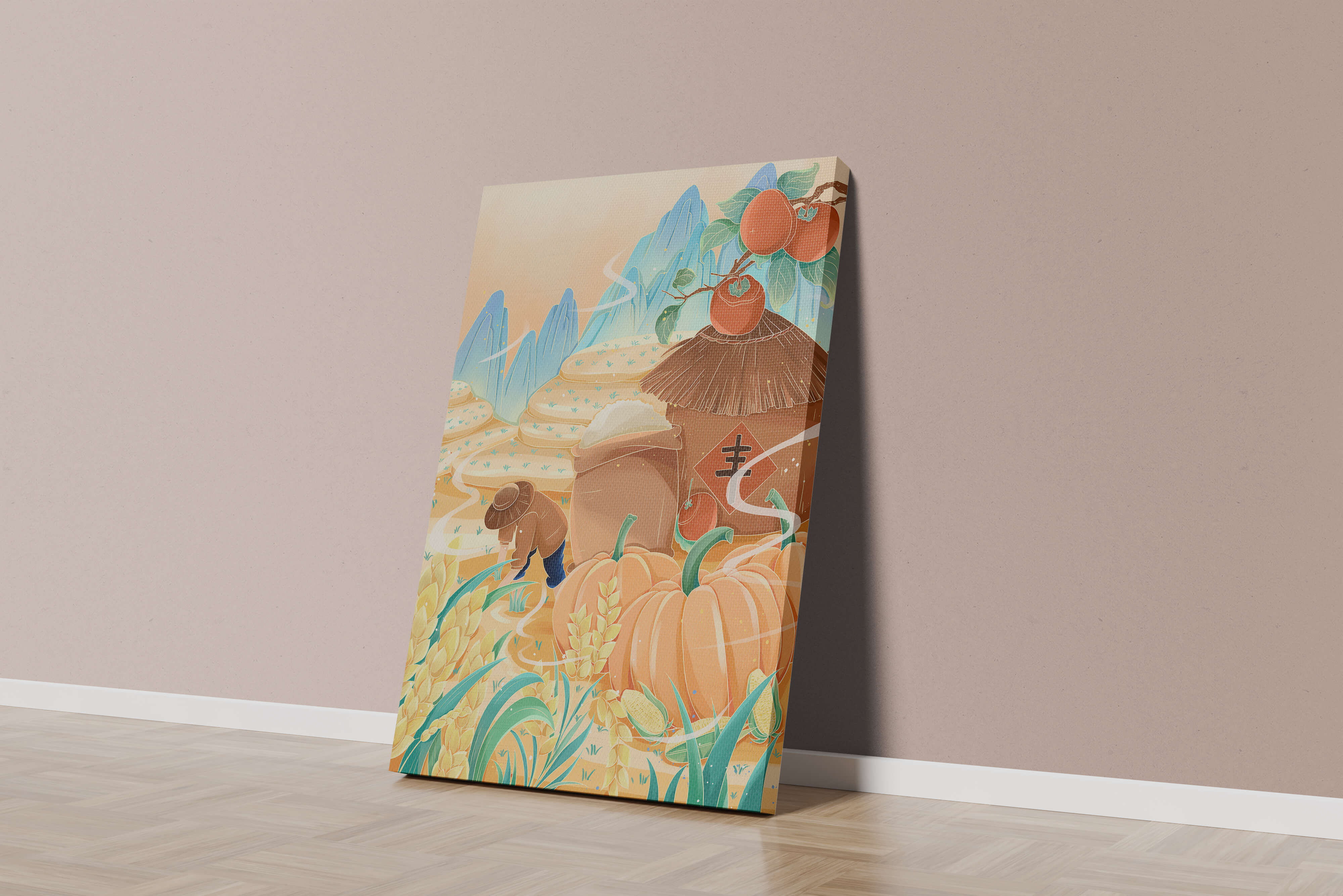 Pastoral landscape with pumpkins and farmer in rice fields