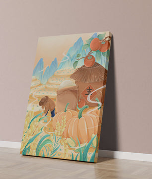 Pastoral landscape with pumpkins and farmer in rice fields