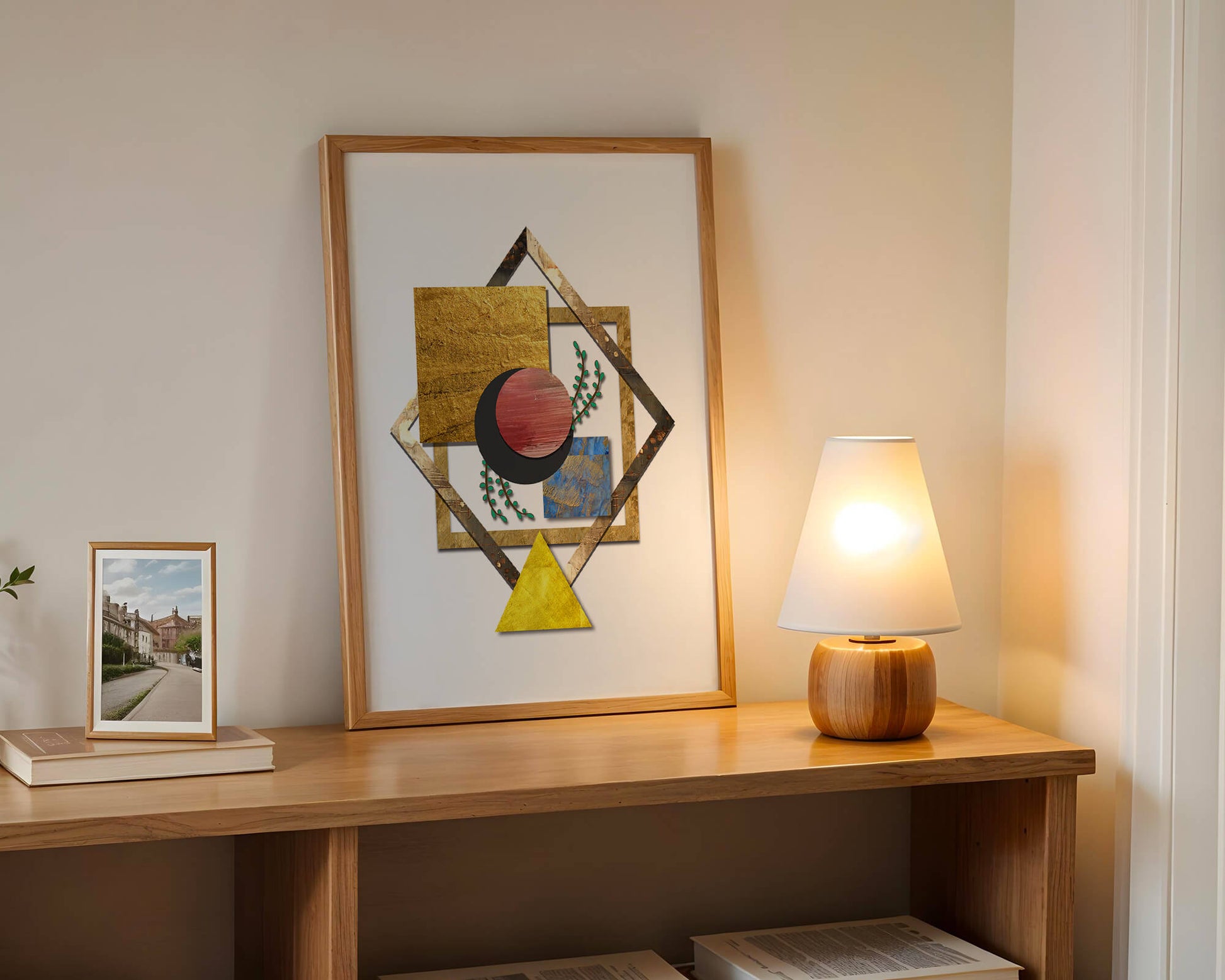 Modern geometric abstract art with vibrant colors and gold accents