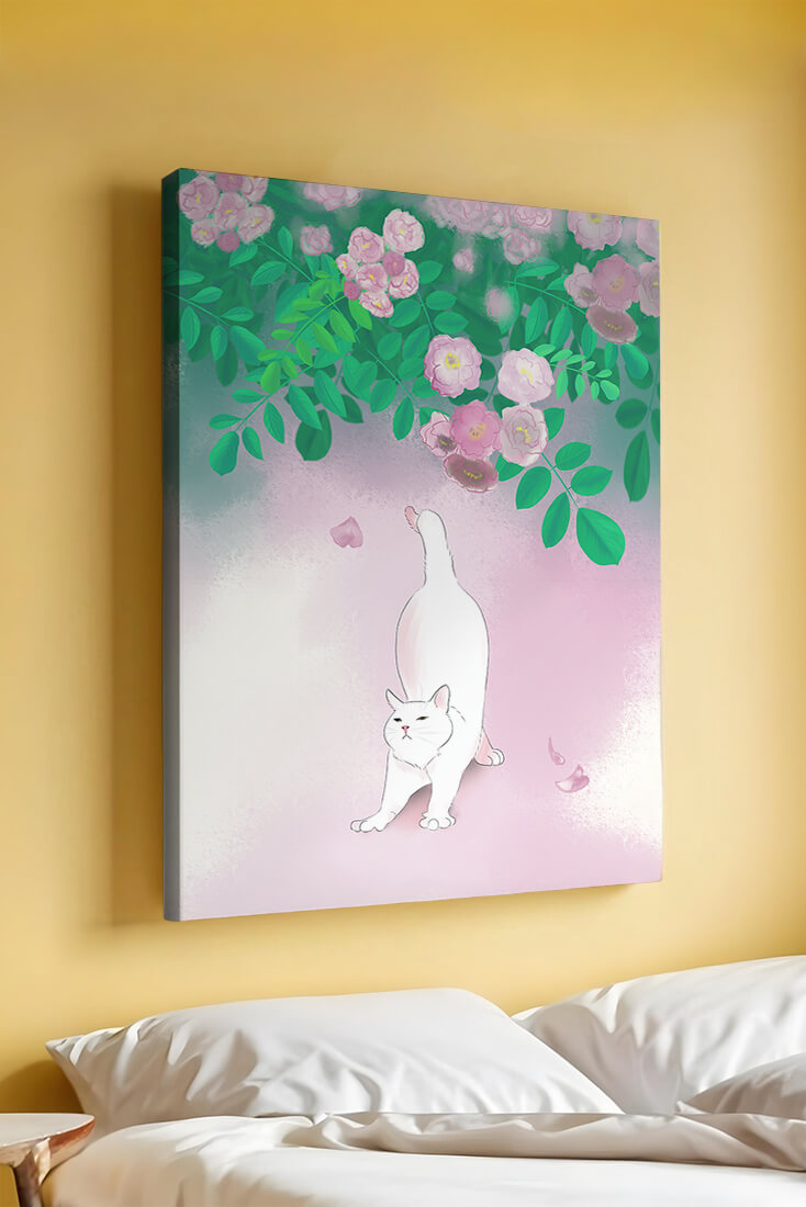 White cat stretching beneath blooming flowers in a pastel garden setting
