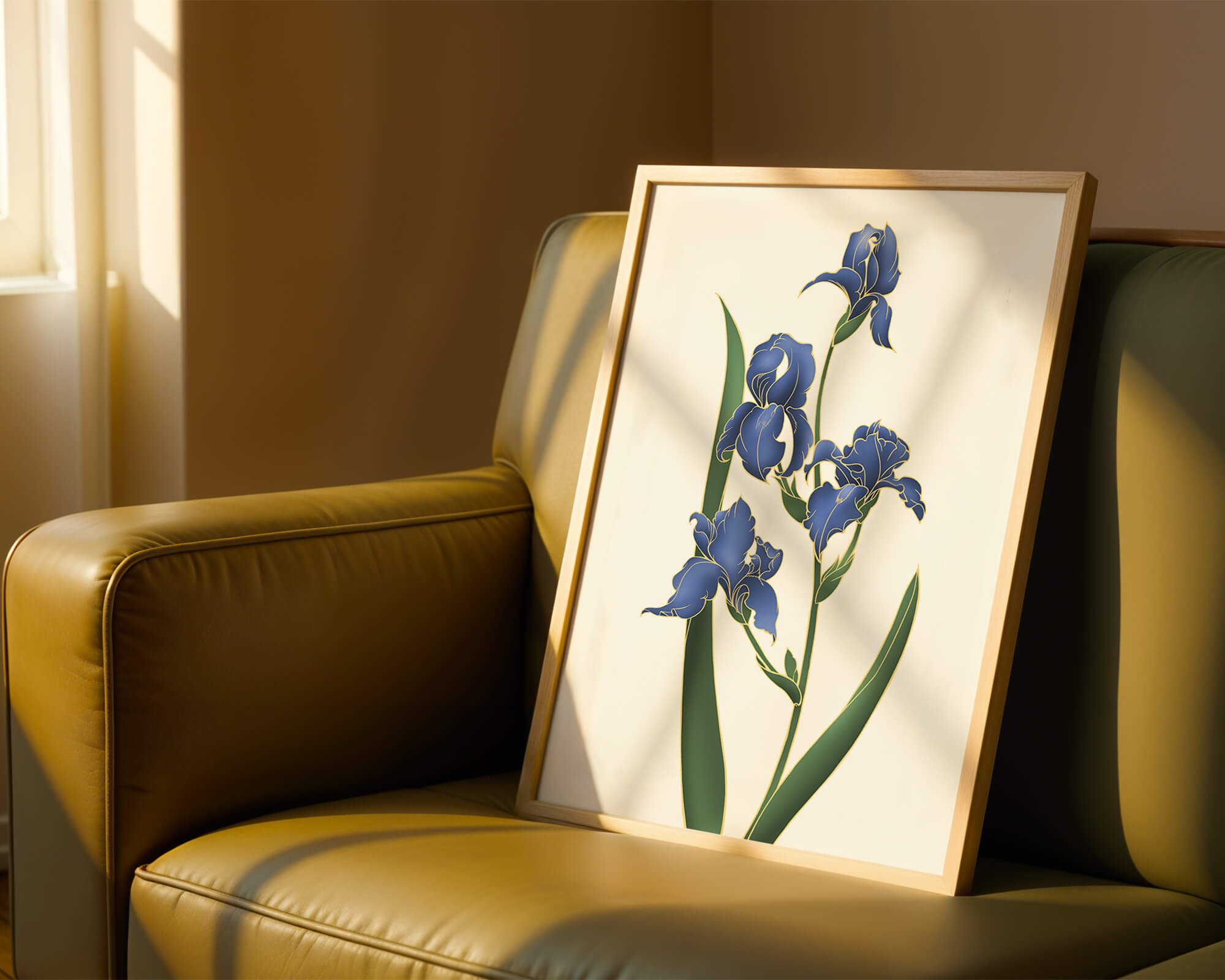 Elegant blue iris flowers with golden accents on a white background